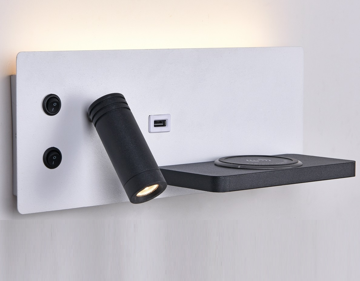 Бра с беспроводной зарядкой для телефона и USB 8016 White+Black