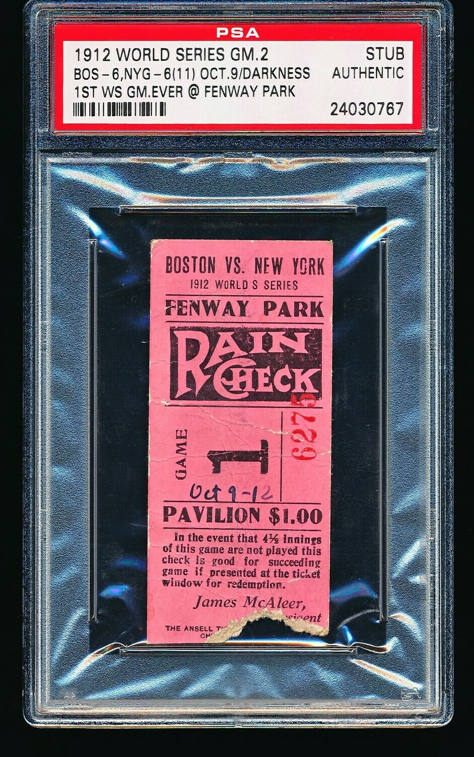 1912 World Series Game 2 Ticket Stub PSA A - FIRST RED SOX WS GAME AT FENWAY