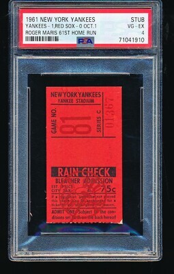ROGER MARIS 61st Home Run Ticket Stub 1961 PSA 4 - Pop 6, One Higher