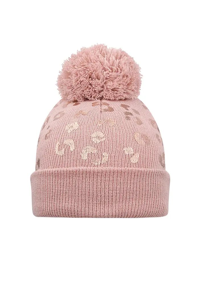Muts tijgerprint pompom - roze.