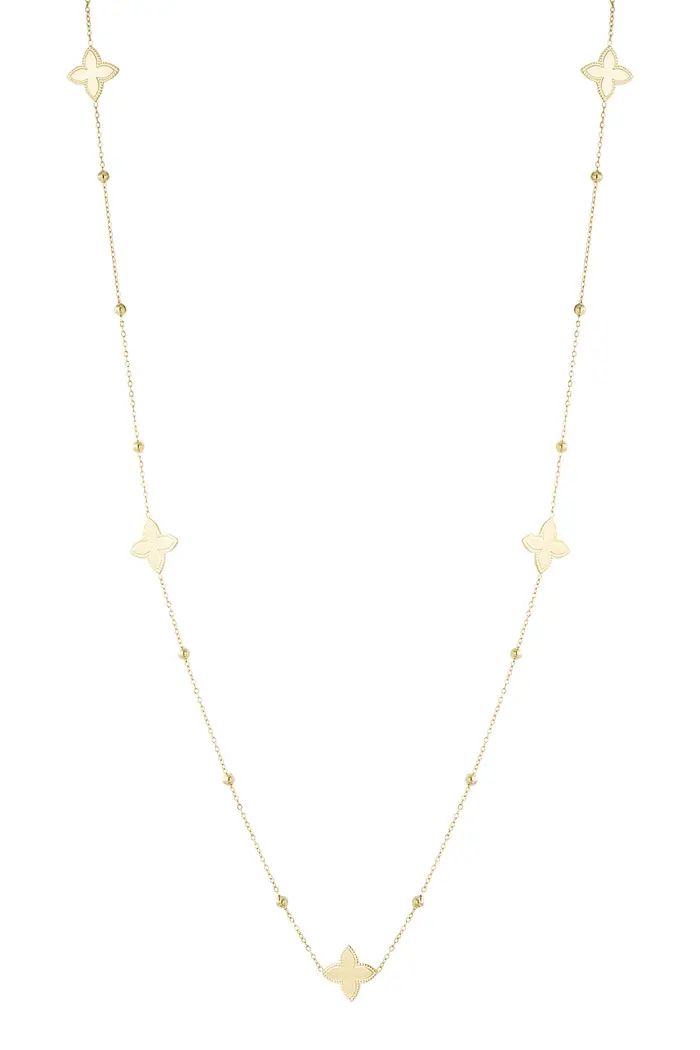 Lange ketting met vijf bloemen.
