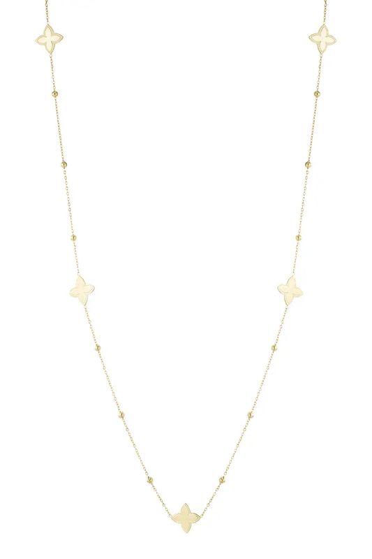 Lange ketting met vijf bloemen.