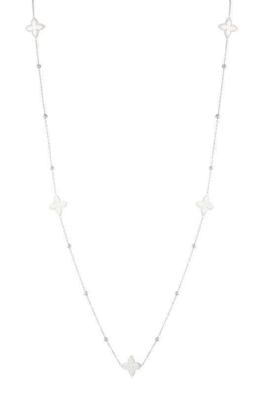 Lange ketting met vijf bloemen.