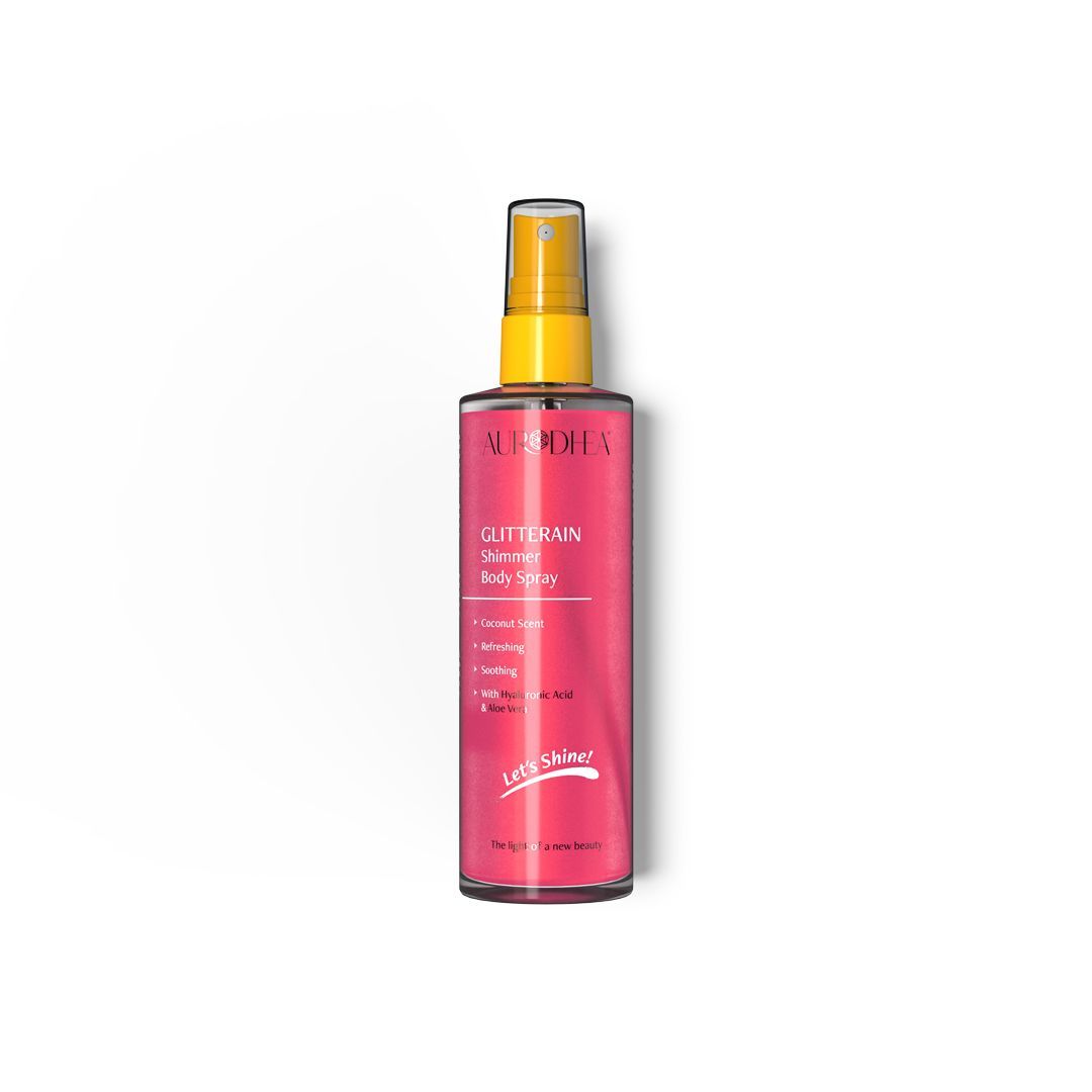 GLITTERAIN – Pink Shimmer Body Spray (Duft: Kokos) - 150 ml Angereichert mit Hyaluronsäure & Aloe Vera