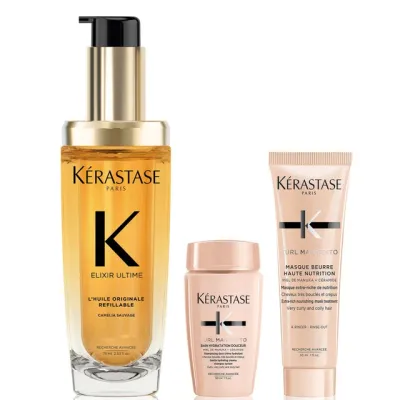 Kérastase Elixir Ultime L&#39;Huile Originale Hair Oil 75ml with Mini Deluxe Curl Manifesto Shampoo 30ml and Mask 30ml Duo
