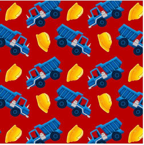 Studio E Under Construction Fabric- Dump Truck Tossed Red