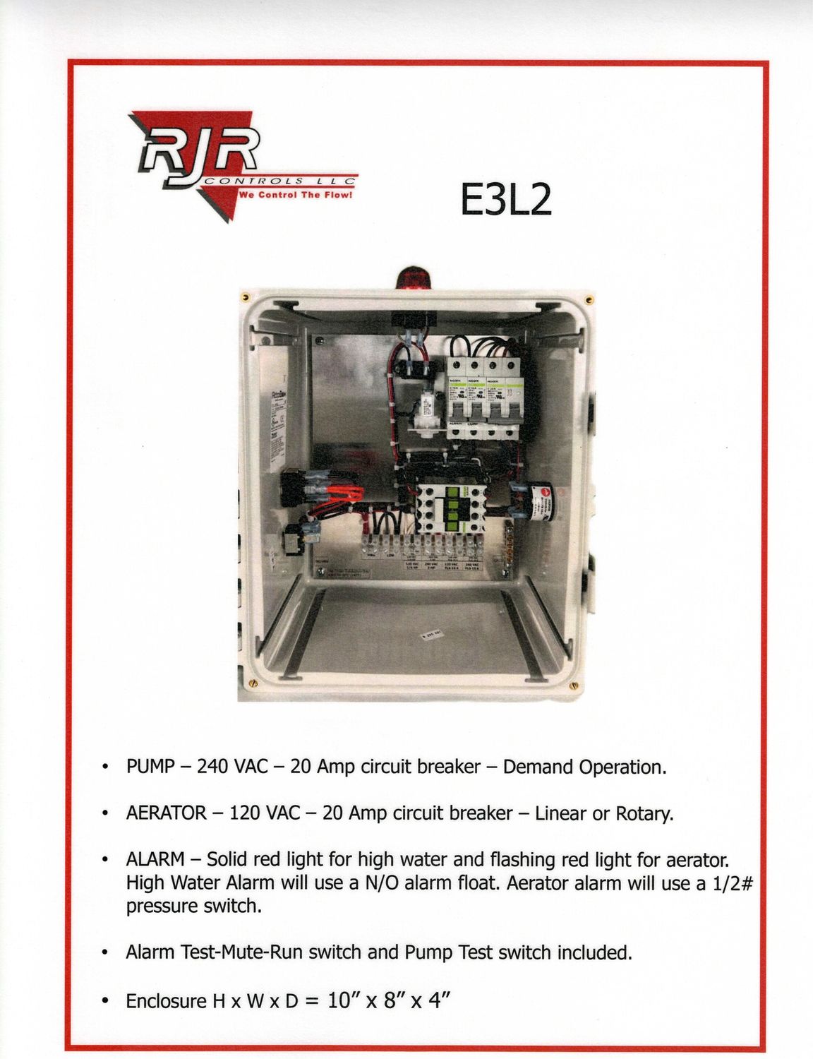 Aerobic Control Panel with Demand Pump, Pump Test,  Pressure Switch, 1 Alarm