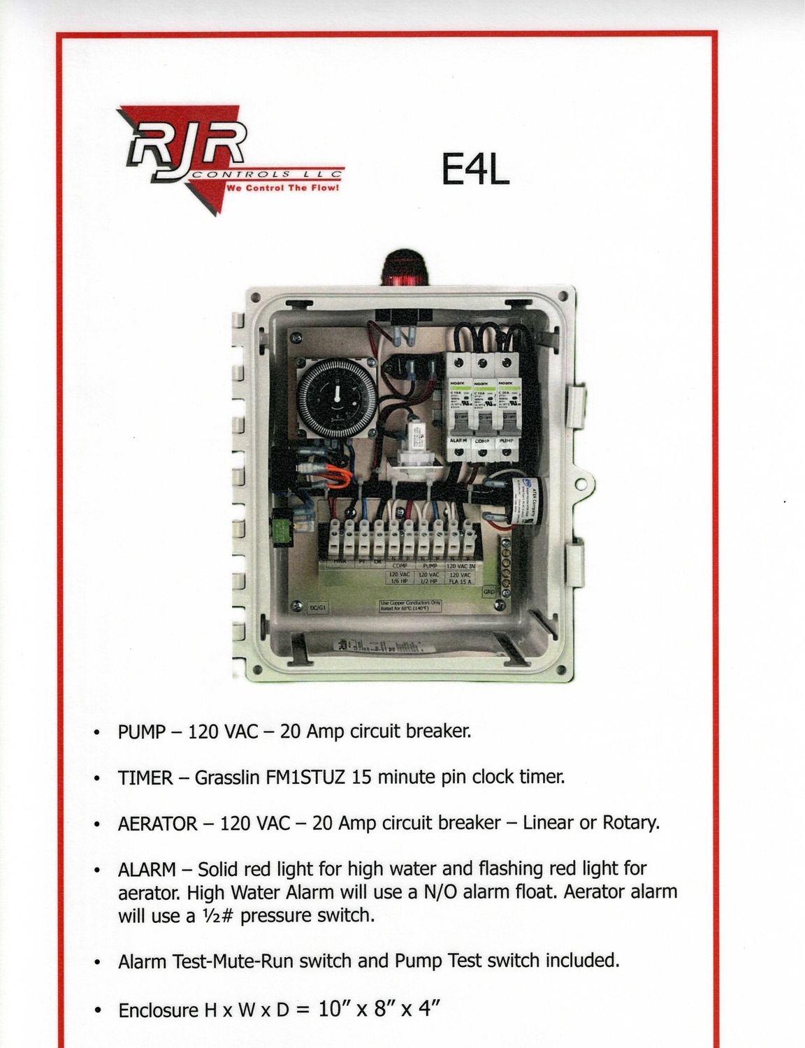 Aerobic Spray Control Panel with Pump Test, Pressure Switch, 1 Alarm