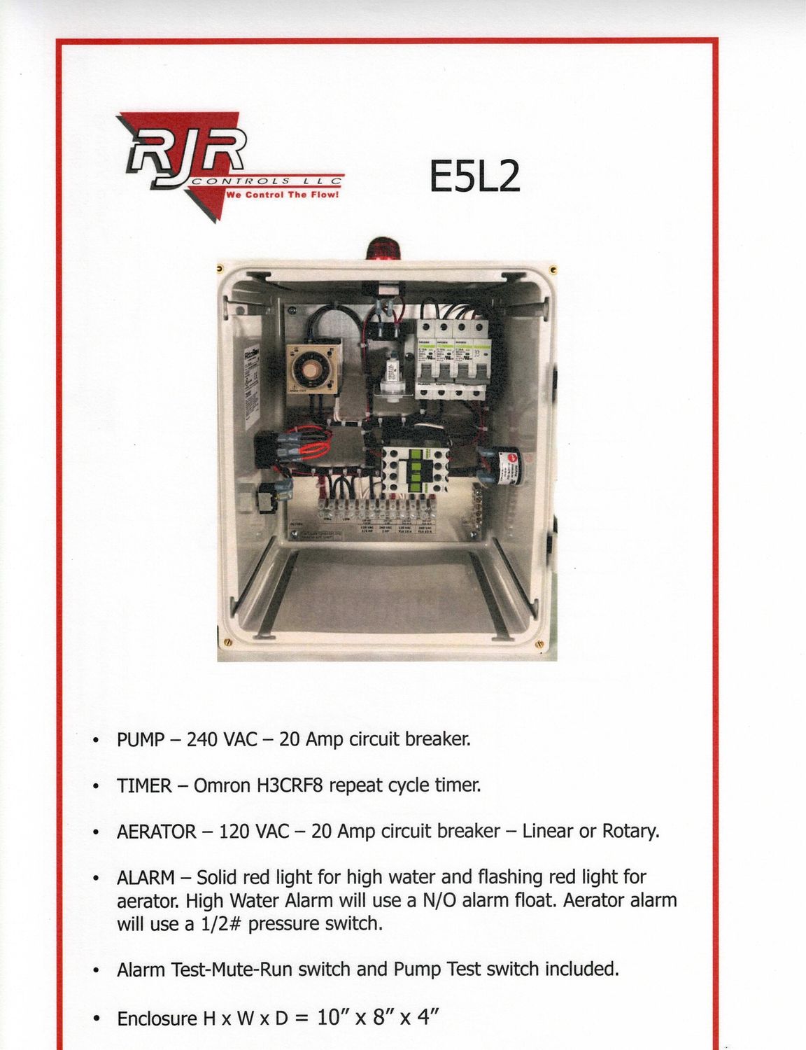 Aerobic Control Panel with Dosing Timer, Pump Test, Pressure Switch, 1 Alarm
