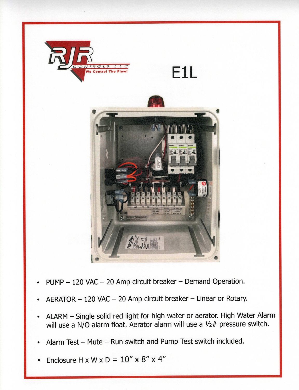 Aerobic Control with Demand Pump and Aerator. One Red Light for both alarms.