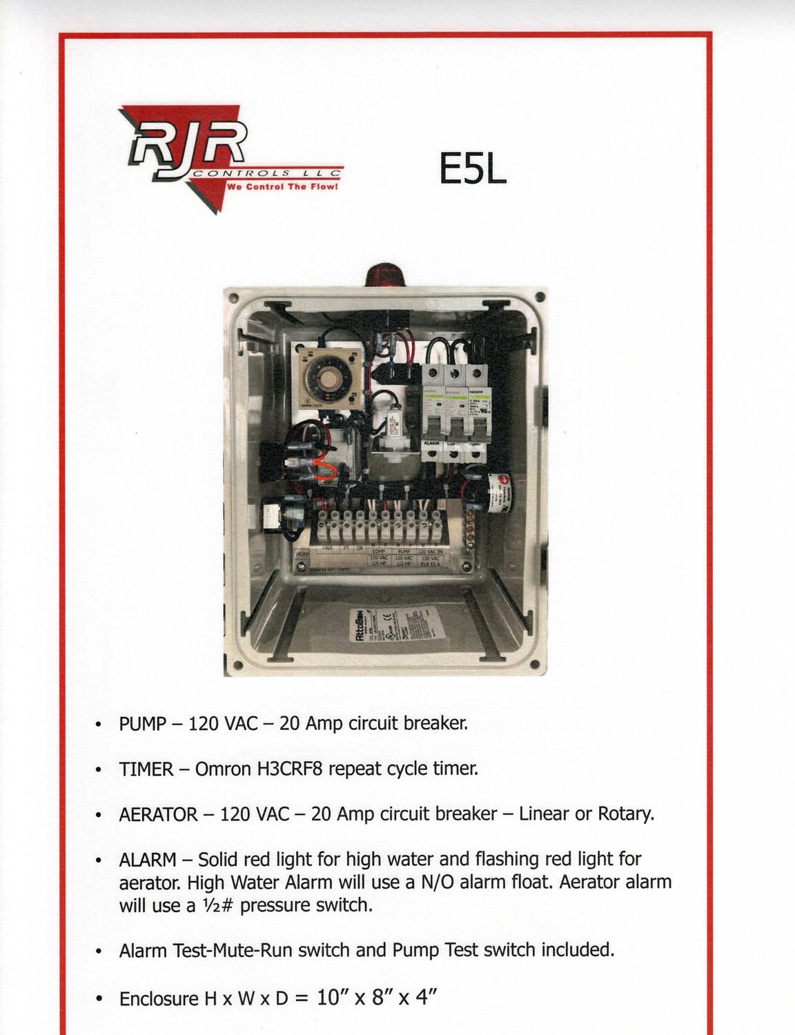 Aerobic Dosing Control Panel with Pump Test,  Pressure Switch, 1 Alarm