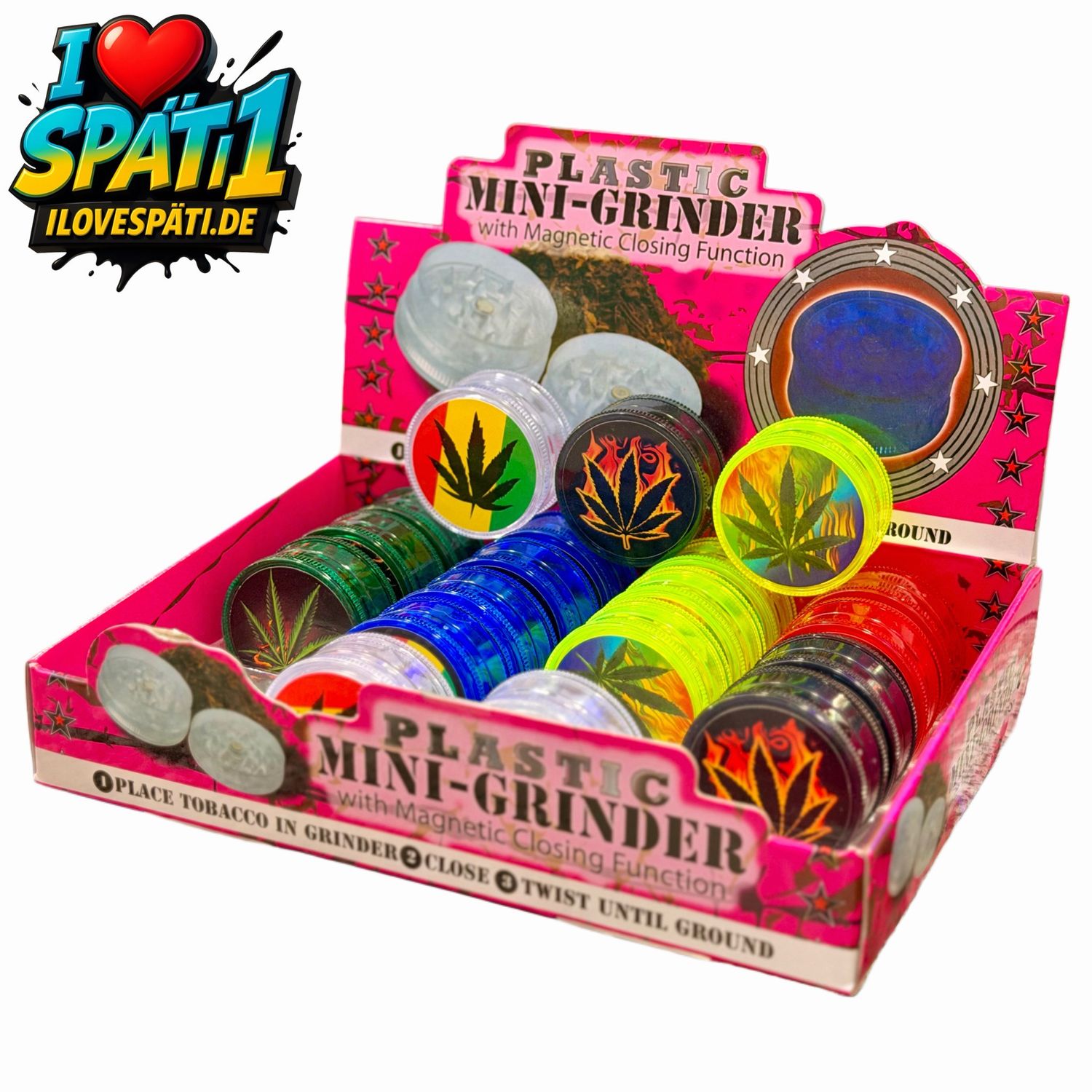 Mini Grinder Kunststoff mit Magnet – 2-teilig | Farben & Motive Mini Grinder Kunststoff mit Magnet – 2-teilig | Farben & Motive