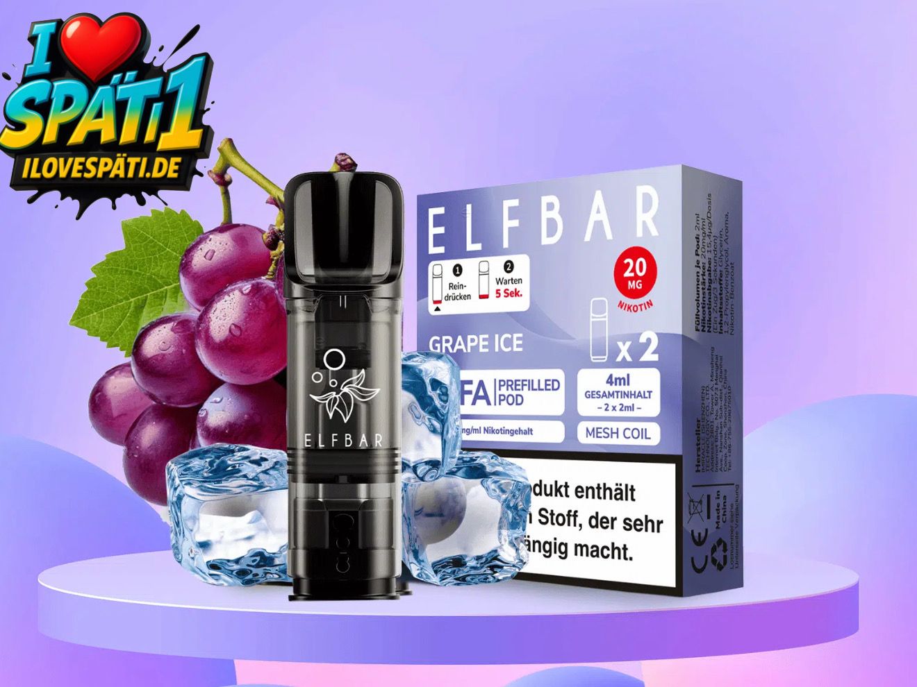 ELFBAR ELFA Prefilled Pod Grape Ice 20mg/ml Nikotinsalz (2er Pack)