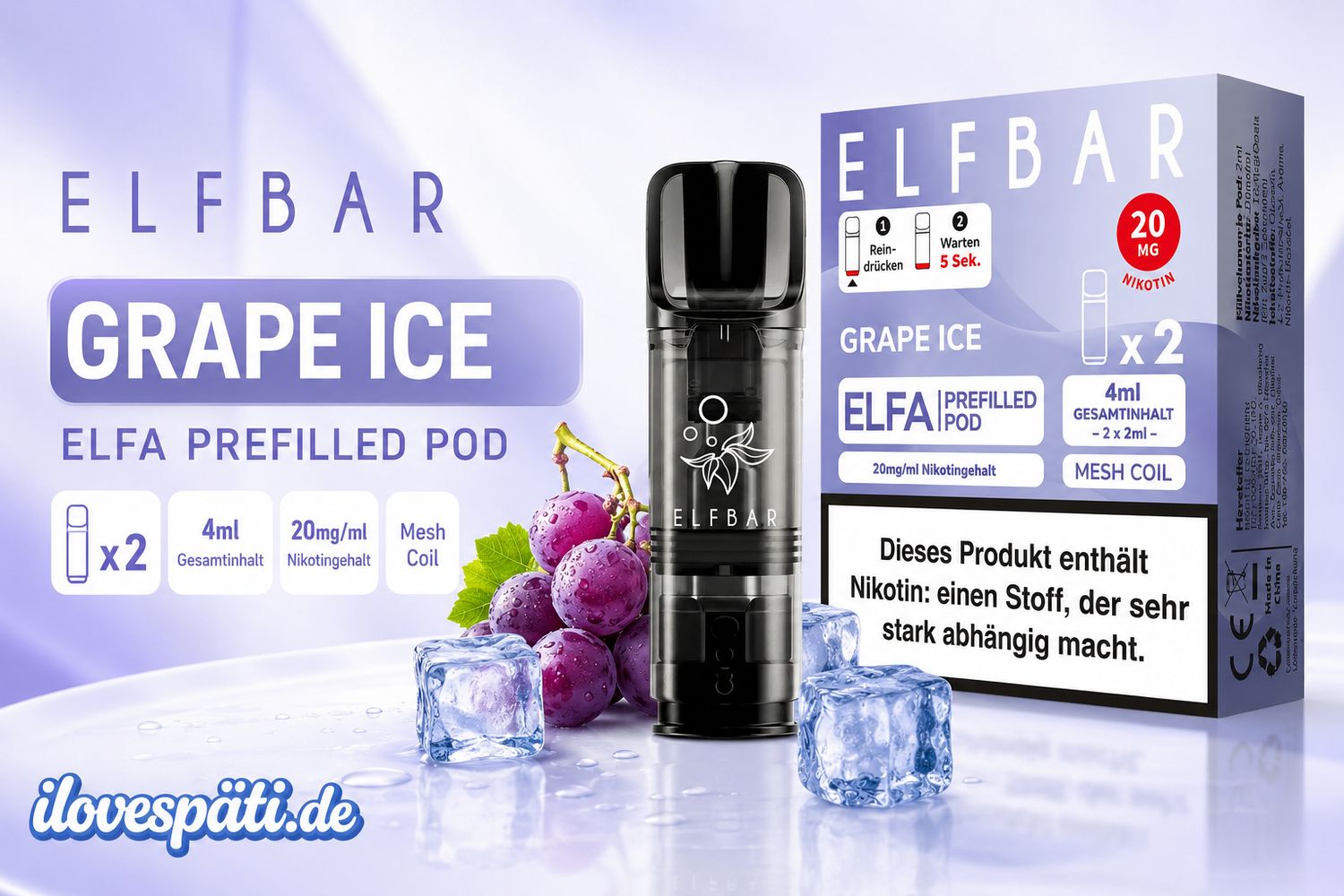 Elfbar ELFA Prefilled Pod – Grape Ice, 20 mg/ml Nikotin, 2er Pack