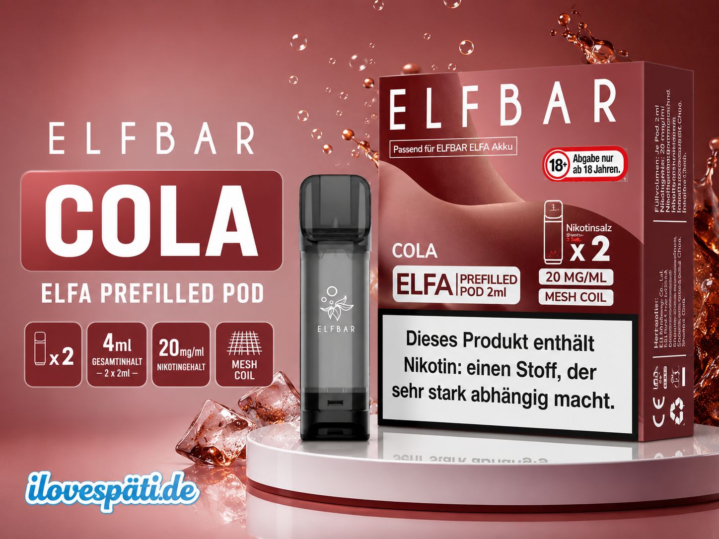 ELFBAR ELFA Cola Prefilled Pods 2 Stück 2 × 2 ml 20 mg/ml Nikotinsalz Mesh Coil