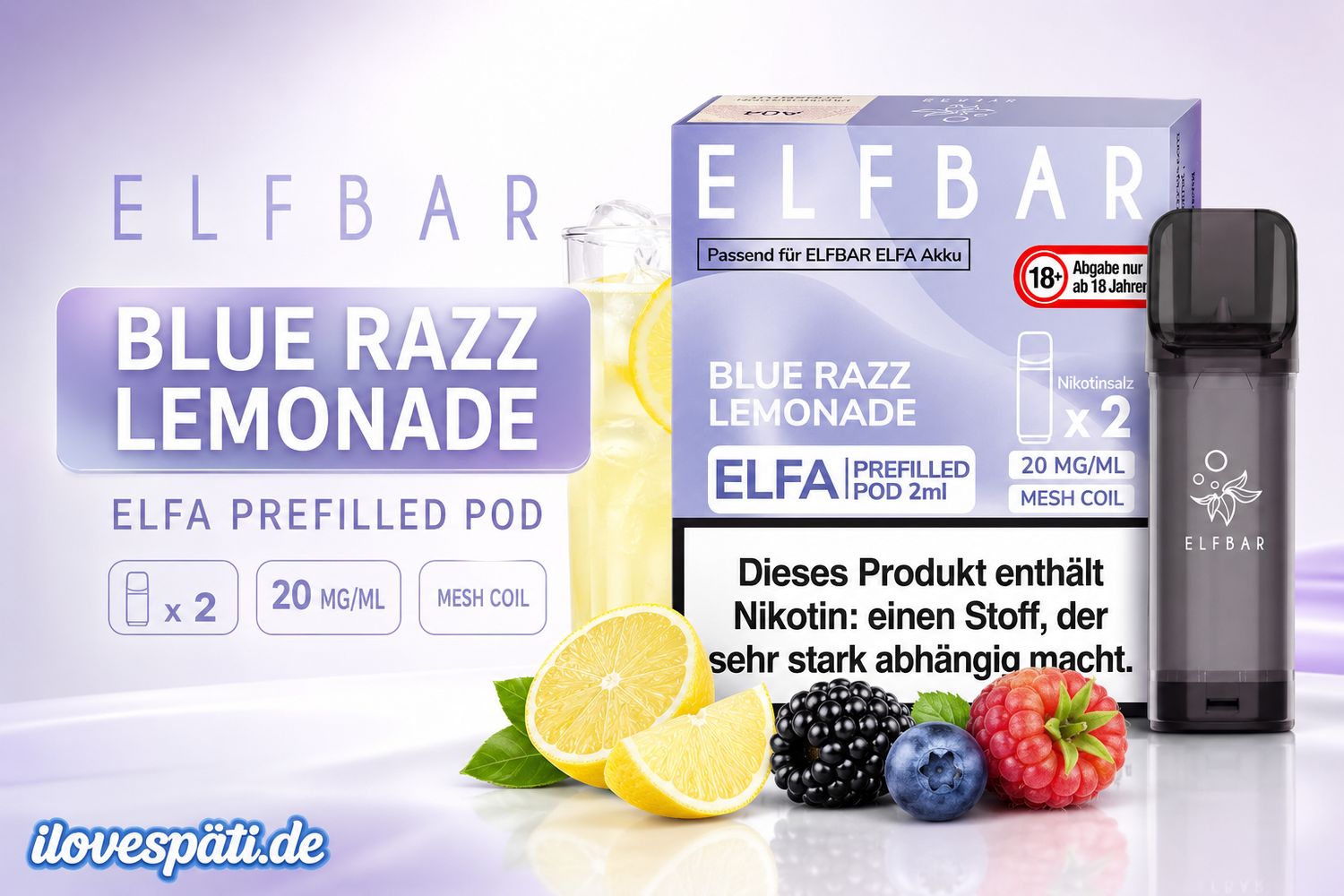 Elfbar ELFA Prefilled Pod – Blue Razz Lemonade, 20 mg/ml Nikotinsalz, 2er Pack