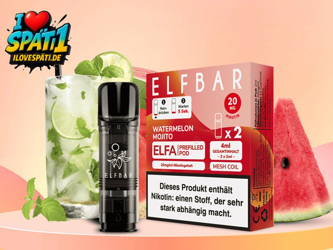 ELFBAR ELFA Prefilled Pod Watermelon Mojito 20mg/ml Nikotinsalz (2er Pack)
