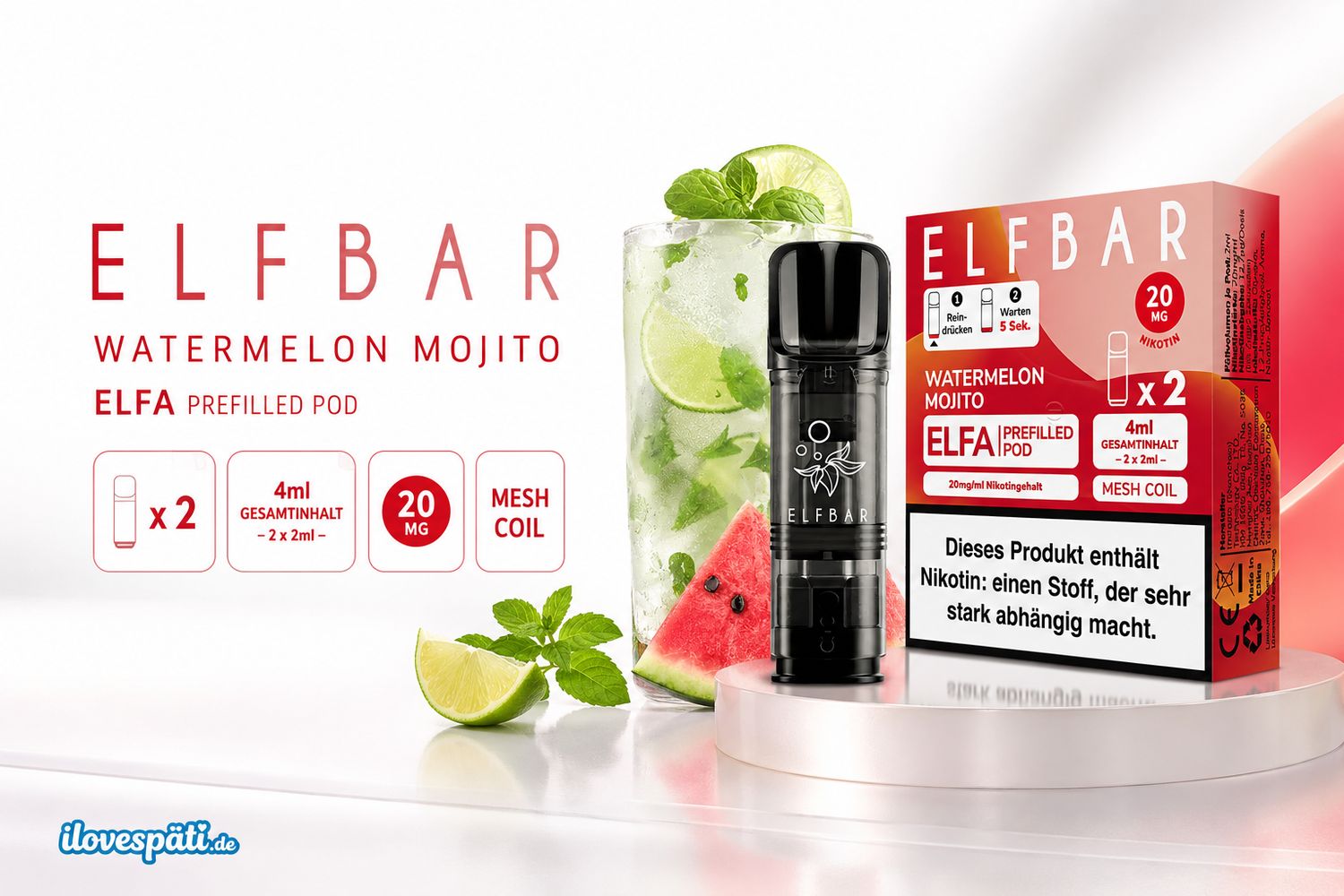 Elfbar ELFA Prefilled Pod – Watermelon Mojito, 20 mg Nikotin, 2er Pack