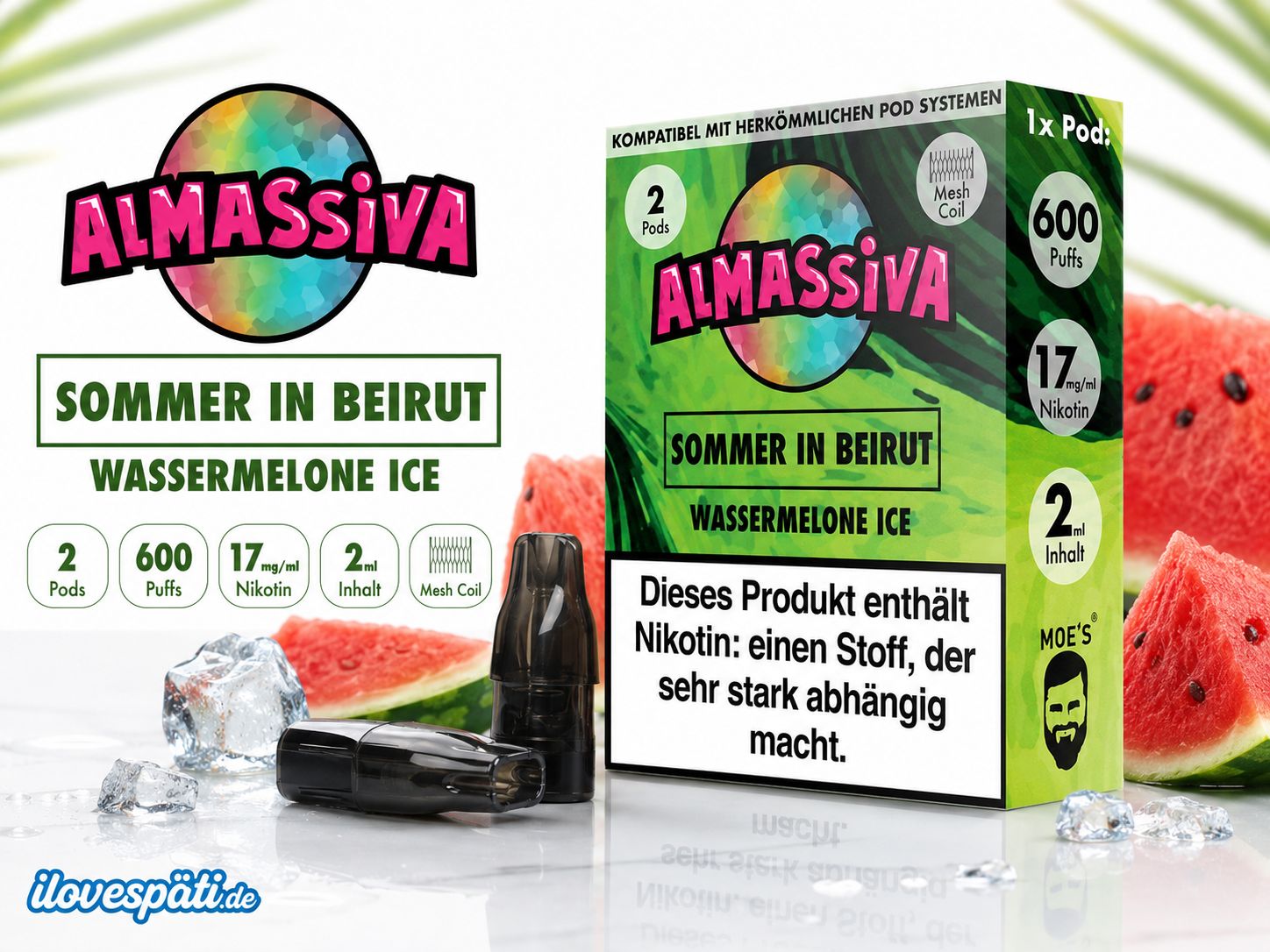 ALMASSIVA Sommer in Beirut Prefilled Pod Wassermelone Ice 2 Pods 2 ml 17 mg/ml Nikotin