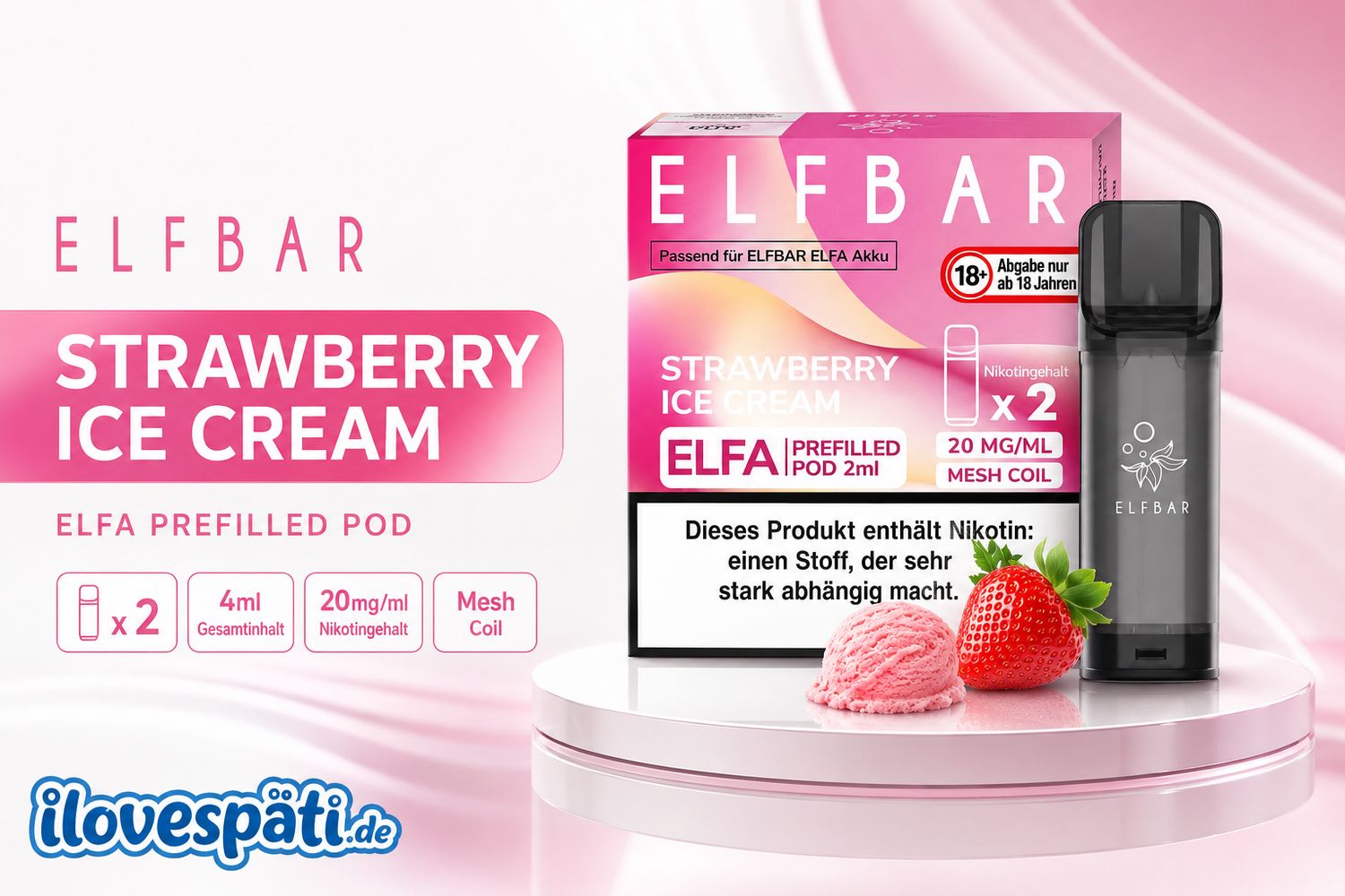 Elfbar ELFA Prefilled Pod – Strawberry Ice Cream, 20 mg/ml Nikotin, 2er Pack