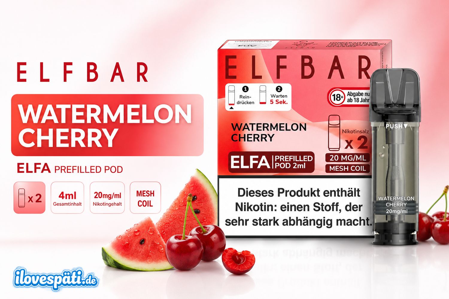 Elfbar ELFA Prefilled Pod – Watermelon Cherry, 20 mg/ml Nikotinsalz, 2er Pack