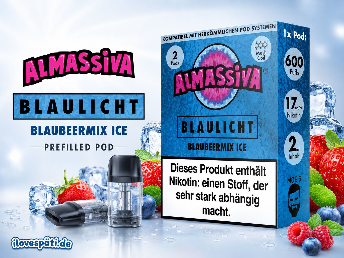 ALMASSIVA Blaulicht Prefilled Pod Blaubeermix Ice 2 Pods 2 ml 17 mg/ml Nikotin