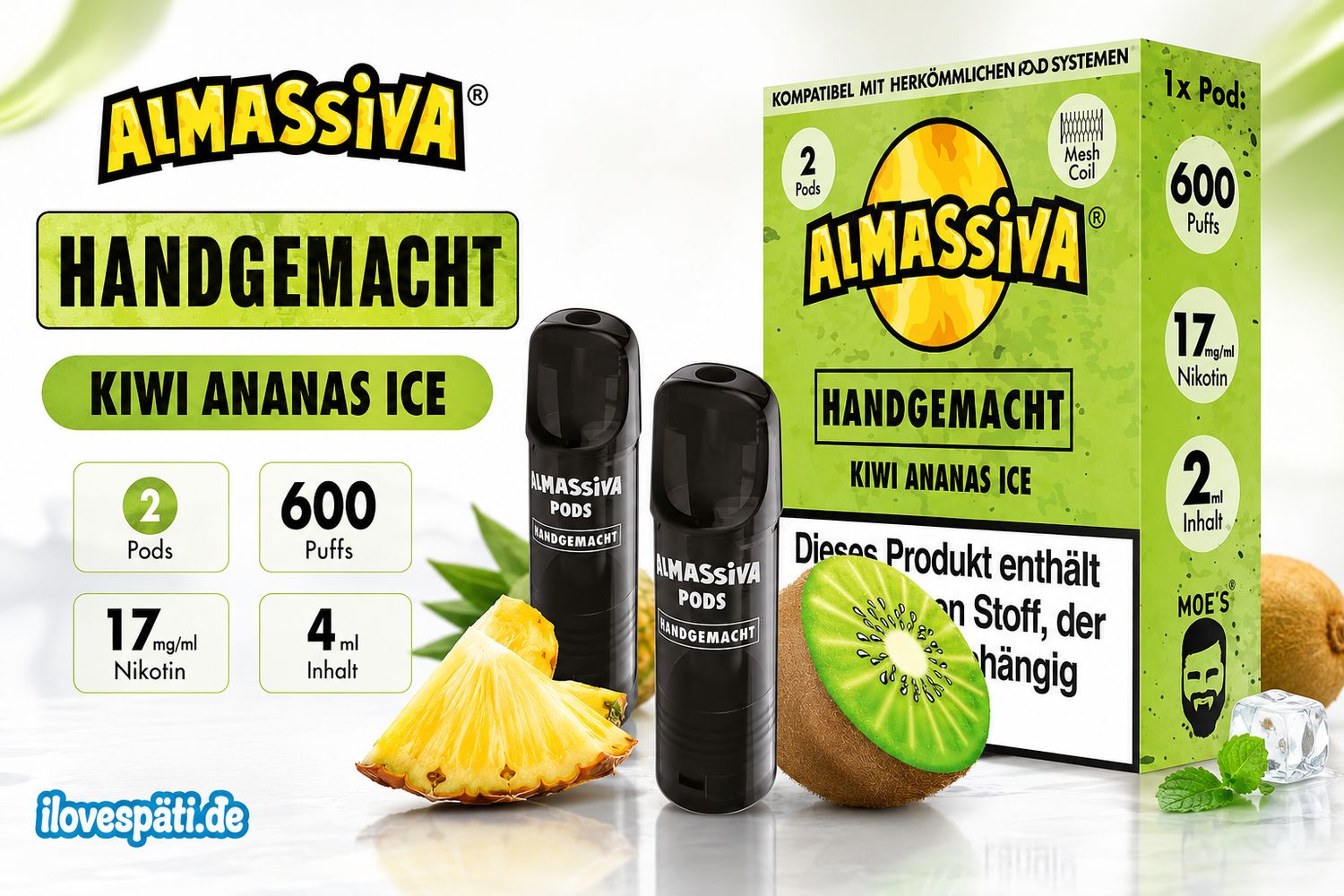 ALMASSIVA Handgemacht Prefilled Pod Kiwi Ananas Ice 2 Pods 4 ml 17 mg/ml Nikotin