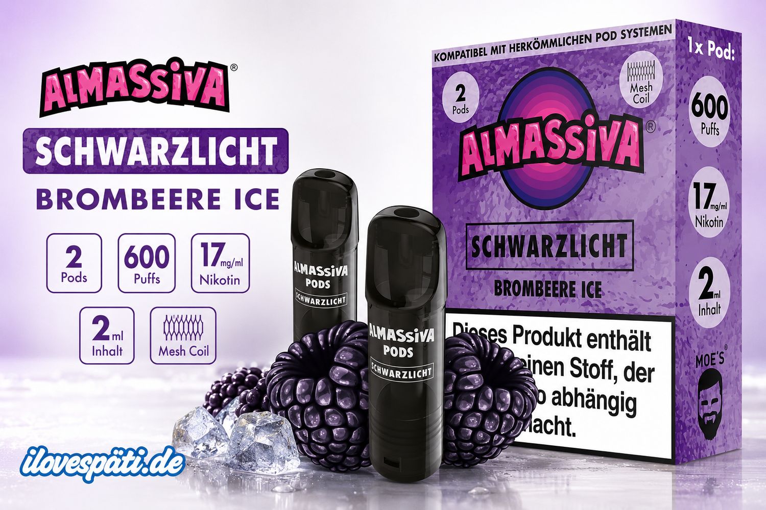 ALMASSIVA Schwarzlicht Prefilled Pod Brombeere Ice 2 Pods 2 ml 17 mg/ml Nikotin