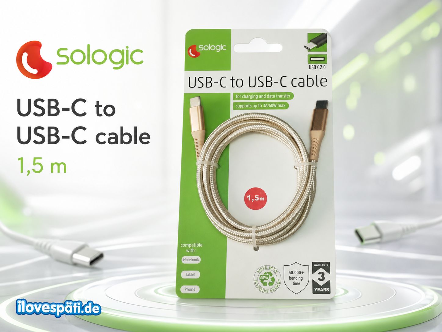 Sologic USB-C-auf-USB-C Daten- und Ladekabel 1,5 m, 60 W