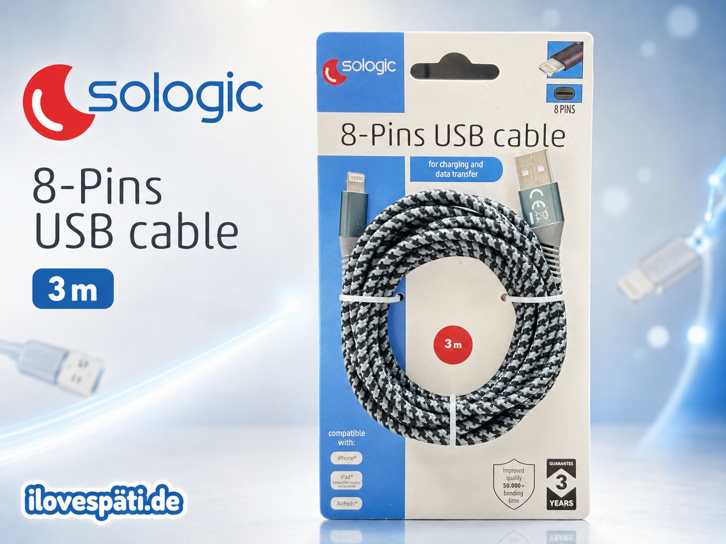 Sologic 8-Pin USB-A Daten- und Ladekabel 3 m, geflochten