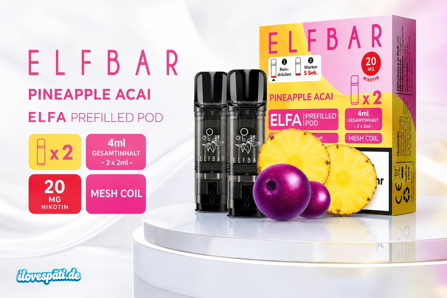 Elfbar ELFA Prefilled Pod – Pineapple Acai, 20 mg Nikotin, 2er Pack