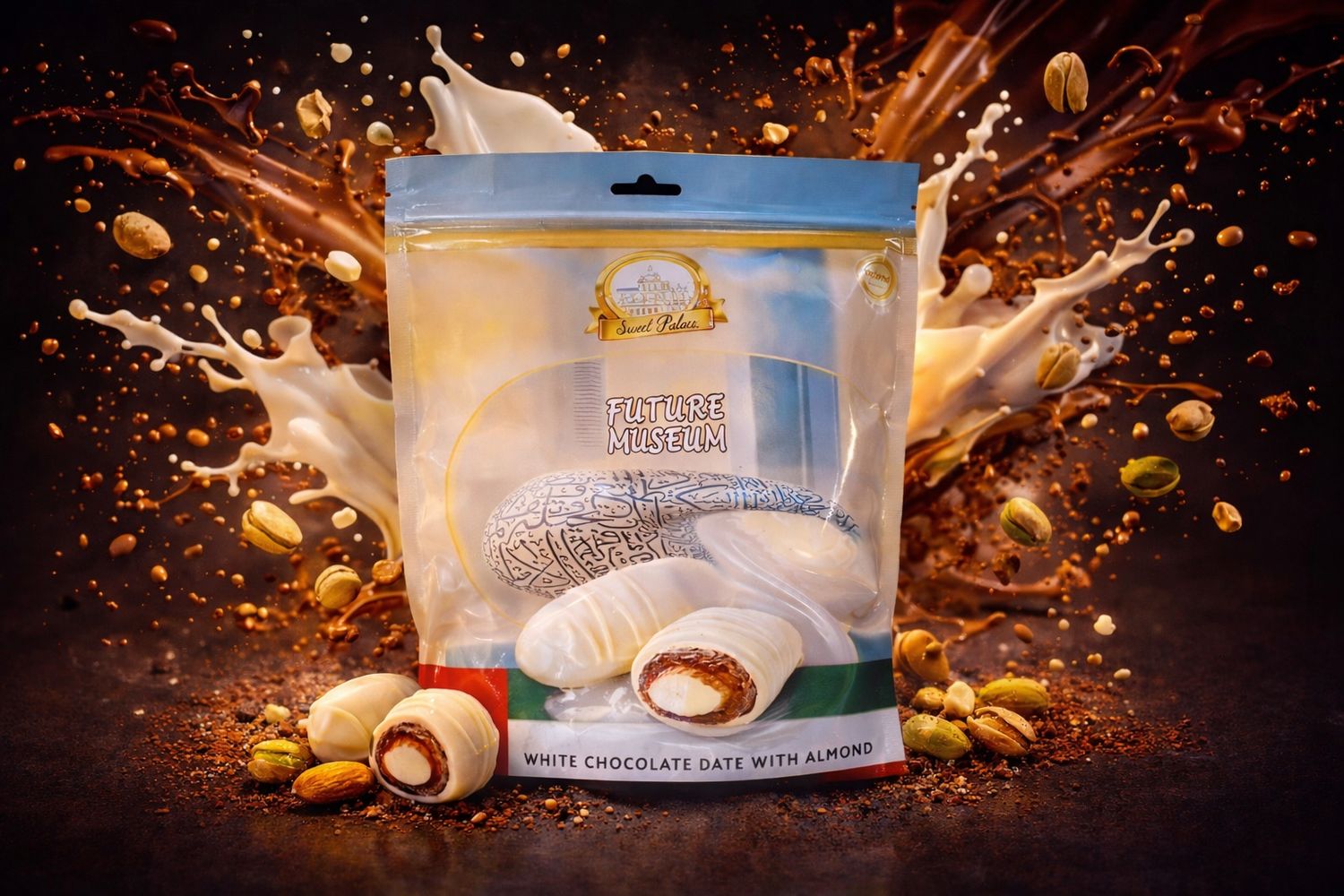 Dubai Datteln mit weißer Schokolade &amp; Mandel – Sweet Palace „Future Museum“ 500g