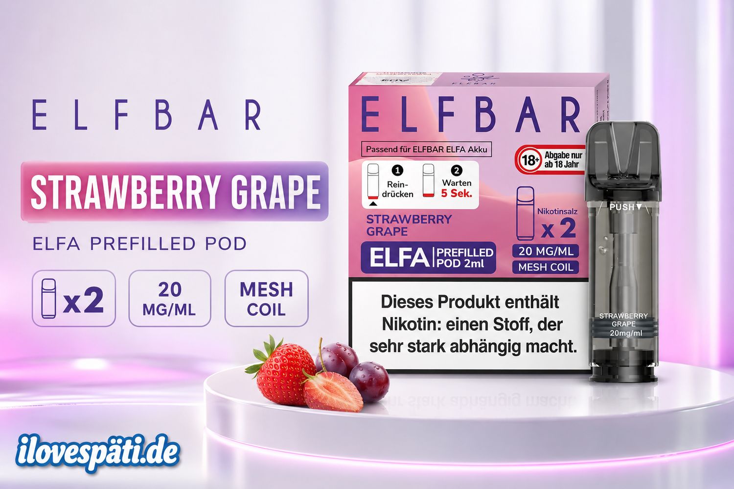 Elfbar ELFA Prefilled Pod – Strawberry Grape, 20 mg/ml Nikotinsalz, 2er Pack