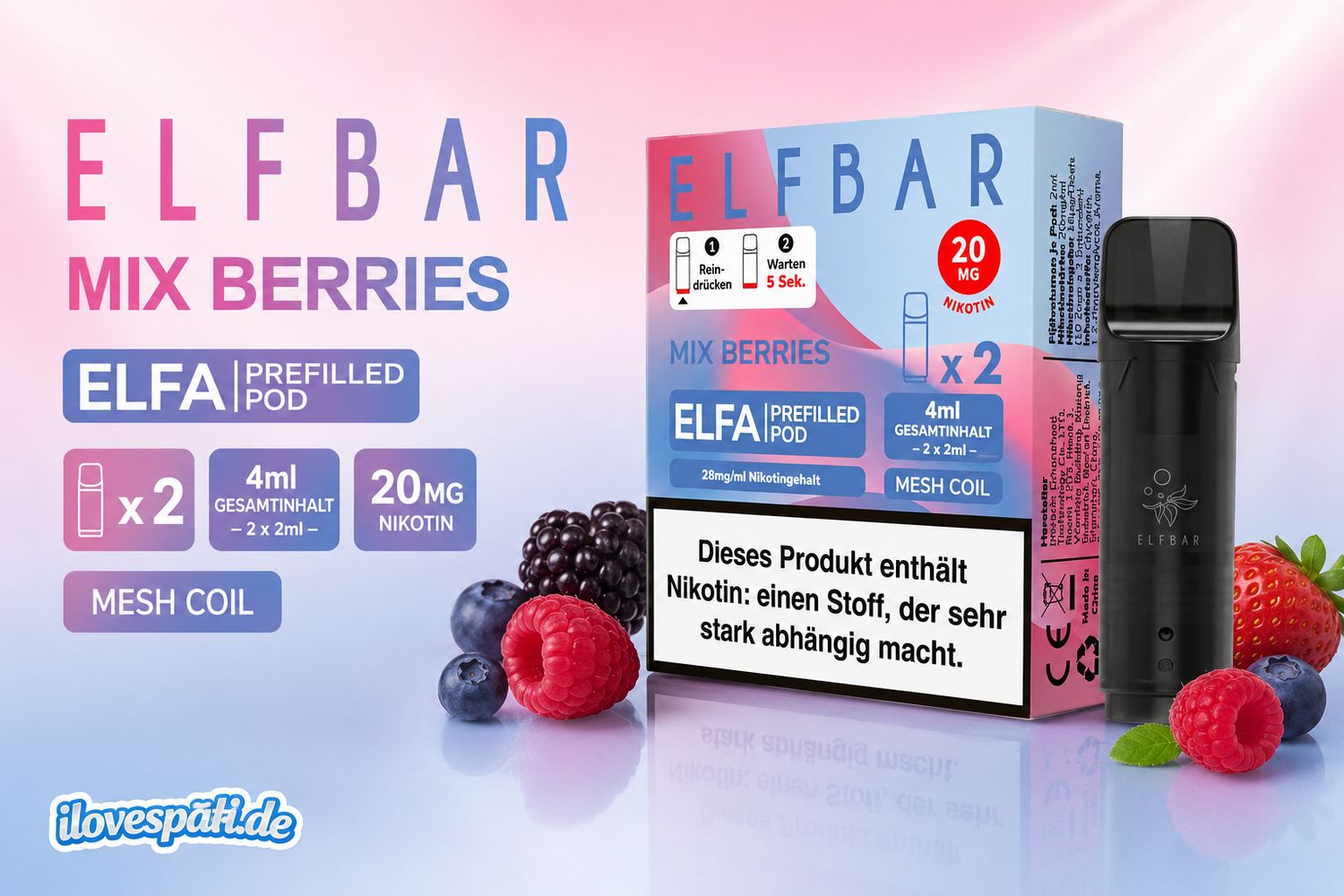 Elfbar ELFA Prefilled Pod – Mix Berries, 20 mg Nikotin, 2er Pack