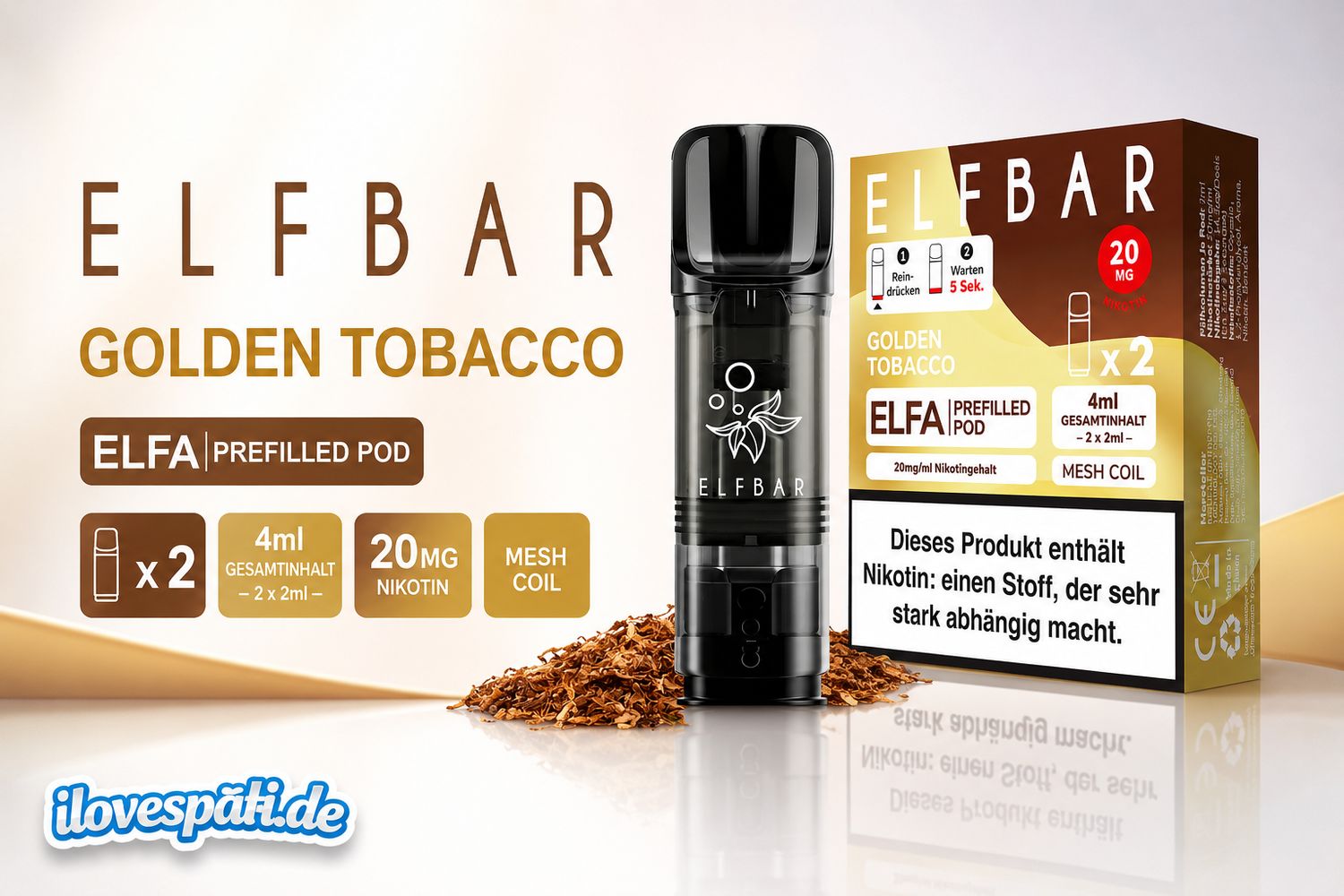 Elfbar ELFA Prefilled Pod – Golden Tobacco, 20 mg/ml Nikotin, 2er Pack