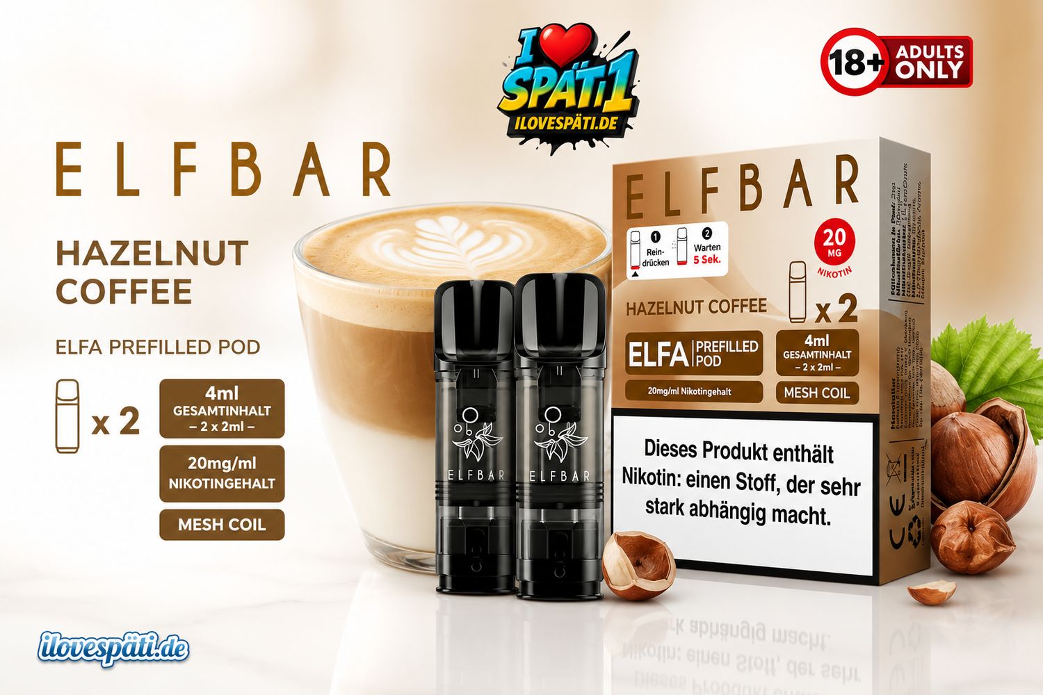 Elfbar ELFA Prefilled Pod – Hazelnut Coffee, 20 mg/ml Nikotin, 2er Pack