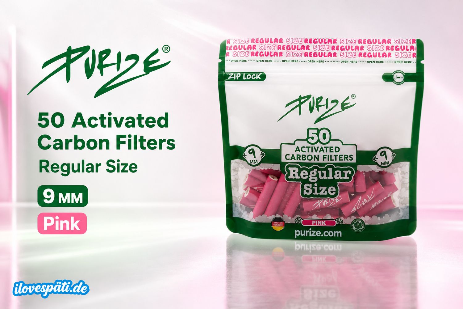 PURIZE Activated Carbon Filters Regular Size 9 mm Pink – 50 Stück