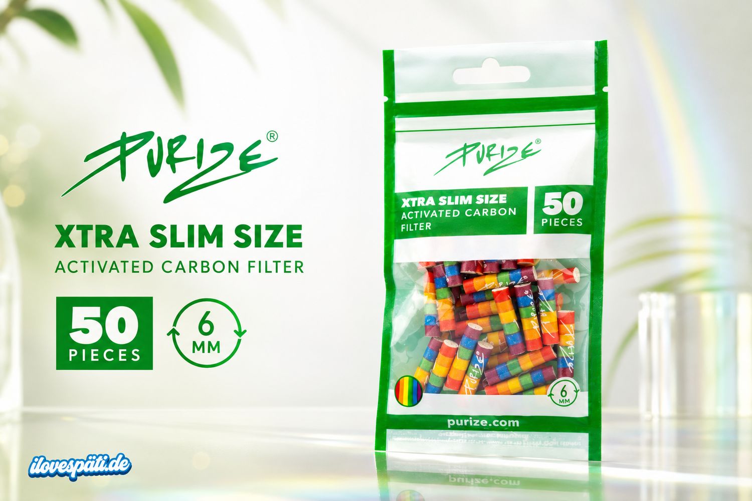 PURIZE Xtra Slim Size Activated Carbon Filter – 6 mm, 50 Stück