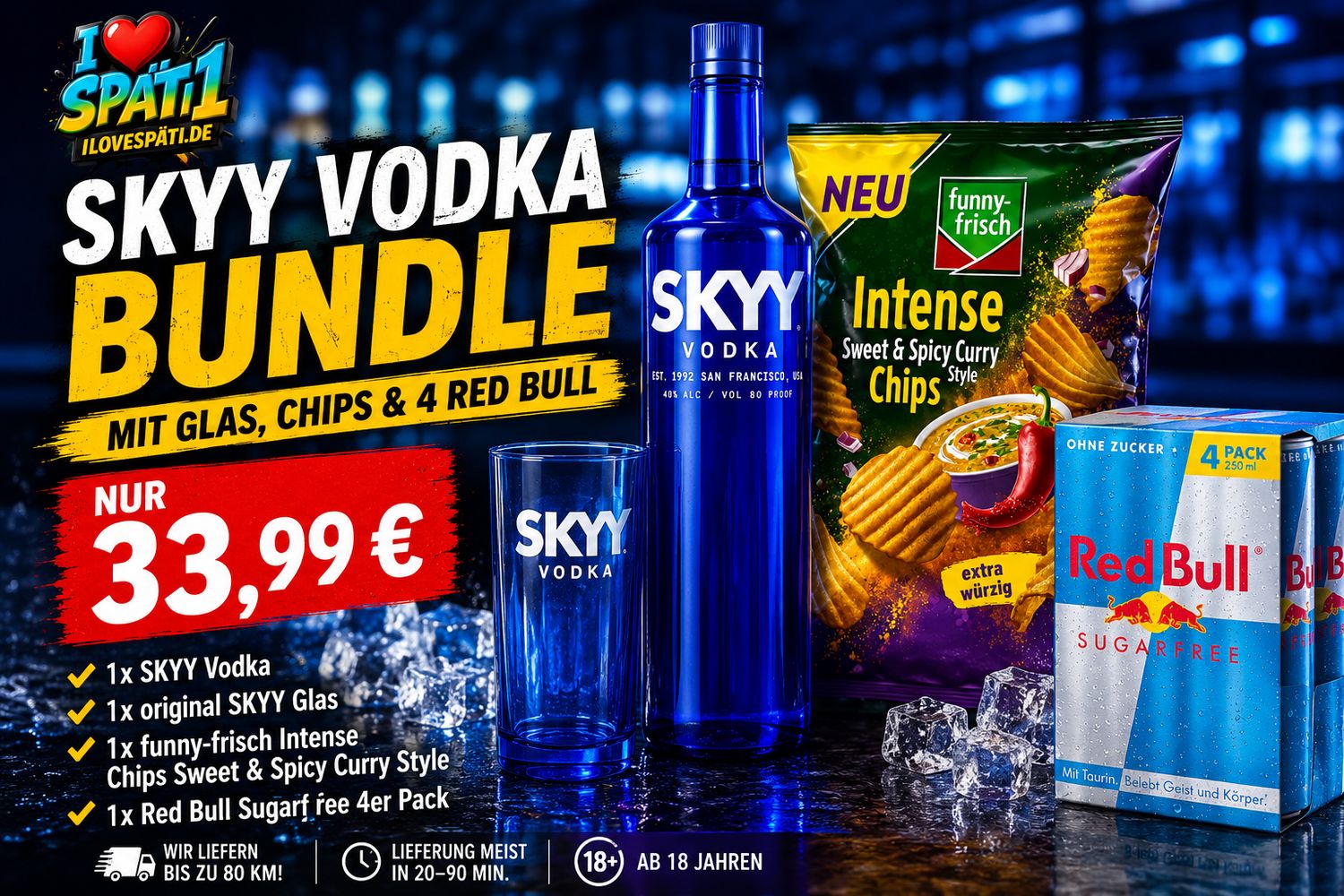 SKYY Vodka Bundle mit Glas, Chips &amp; 4er Red Bull Sugarfree