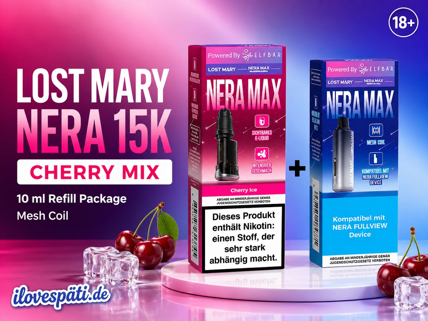 Lost Mary NERA 15K Cherry Ice Refill Package + 2 ml Pod 10 ml 20 mg/ml Nikotinsalz Mesh Coil