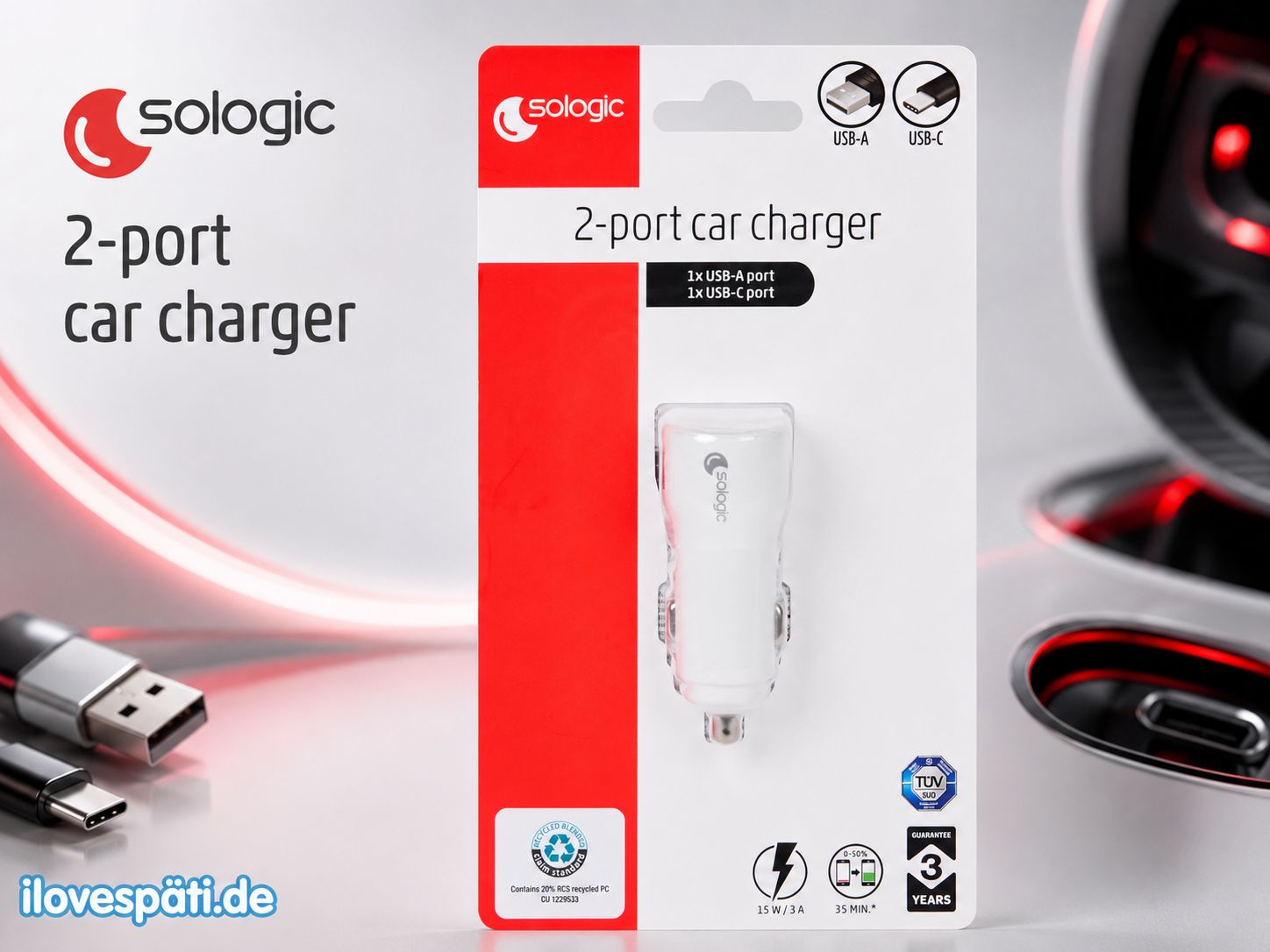 Sologic 2-Port Autoladegerät 15 W mit USB-A und USB-C, Weiß