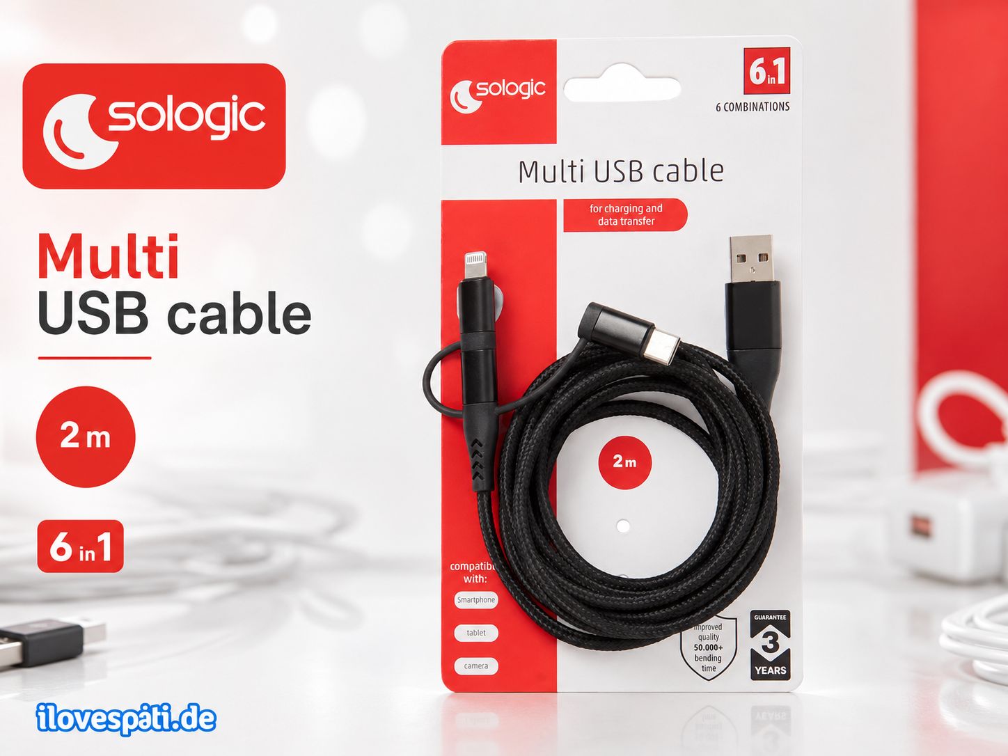 Sologic 6-in-1 Multi-USB-Lade- und Datenkabel 2 m, 5 V/2,1 A