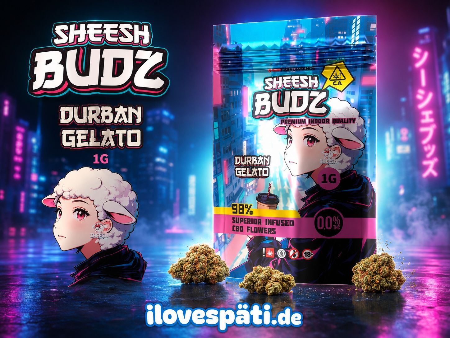SHEESH BUDZ Durban Gelato 1 g Infused CBD Flowers 0,0% THC