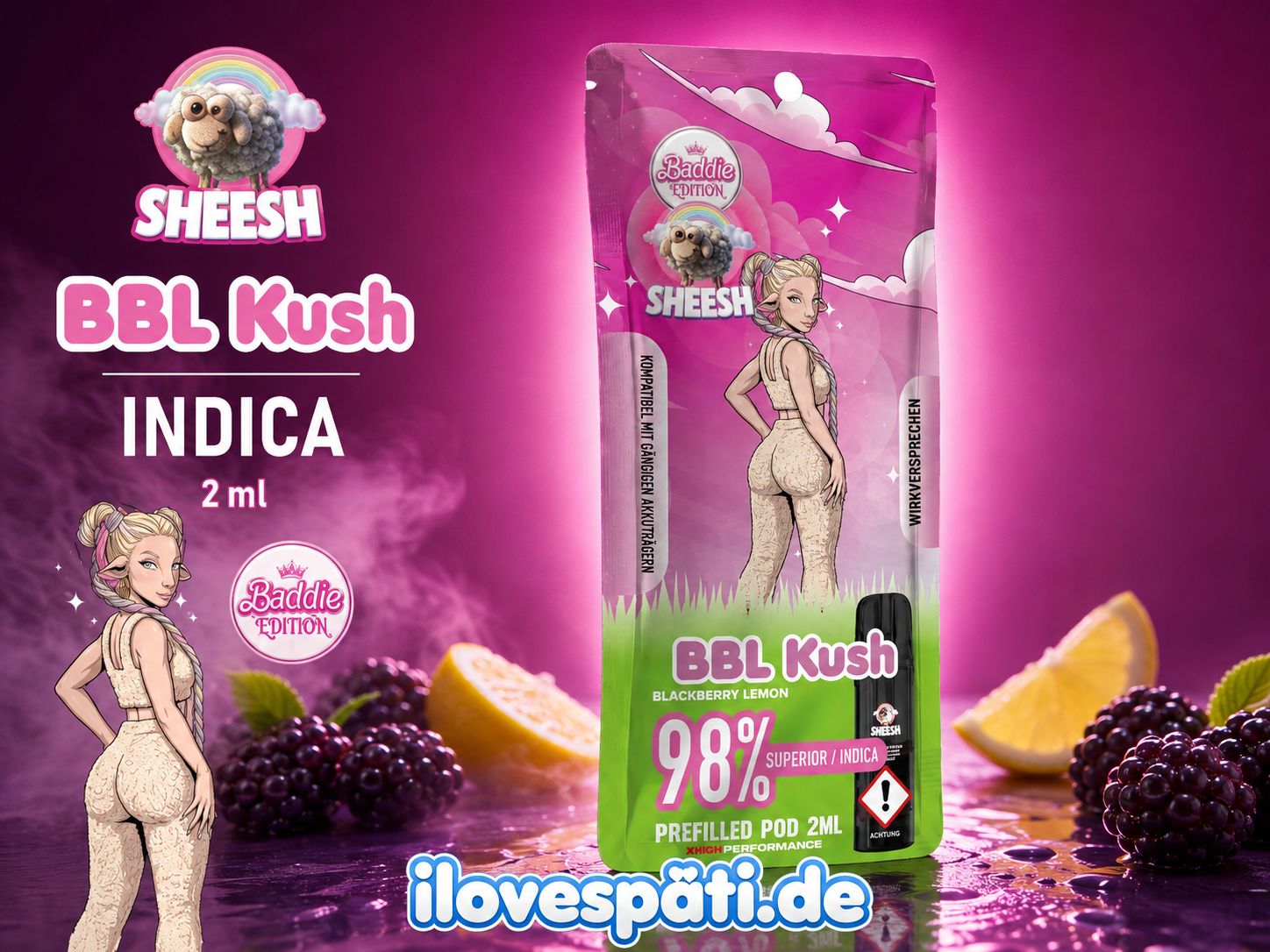SHEESH Baddie Edition BBL Kush Blackberry Lemon 2ml Prefilled Pod 98% Indica
