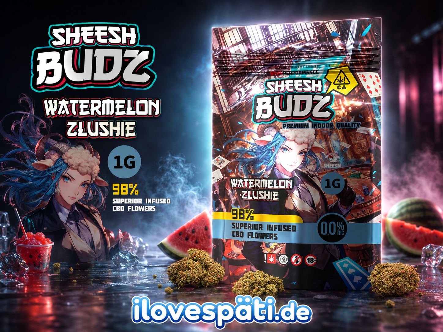 SHEESH BUDZ Watermelon Zlushie 1 g Infused CBD Flowers 0,0% THC