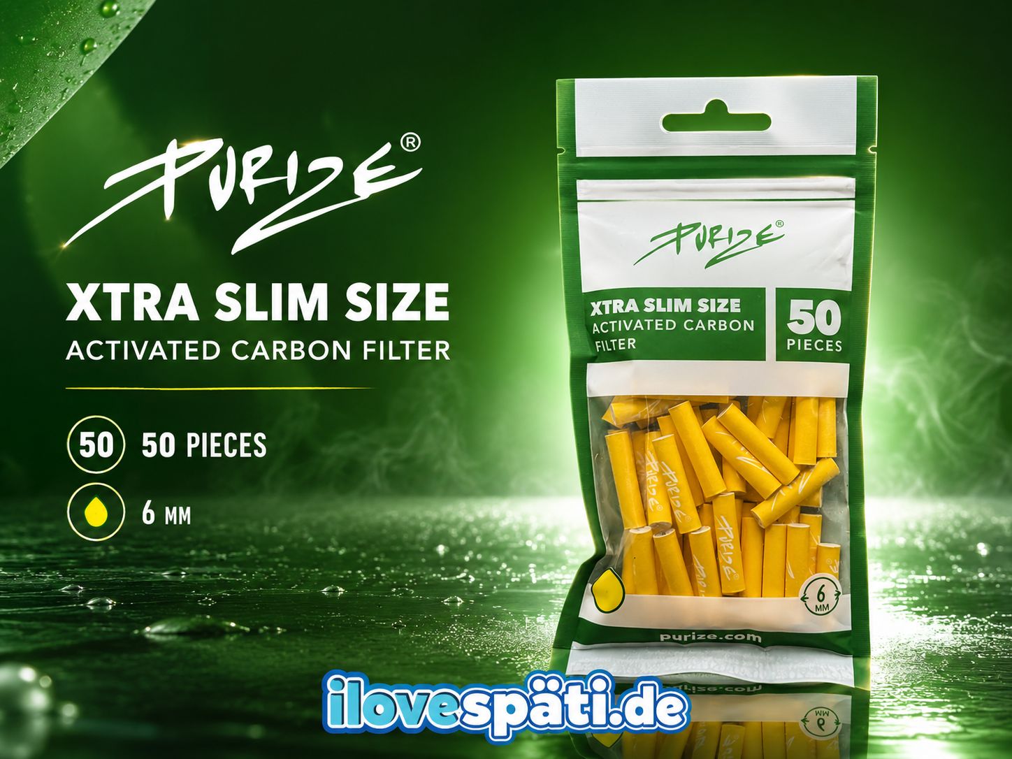 PURIZE XTRA Slim Size Aktivkohlefilter Gelb 6 mm – 50 Stück