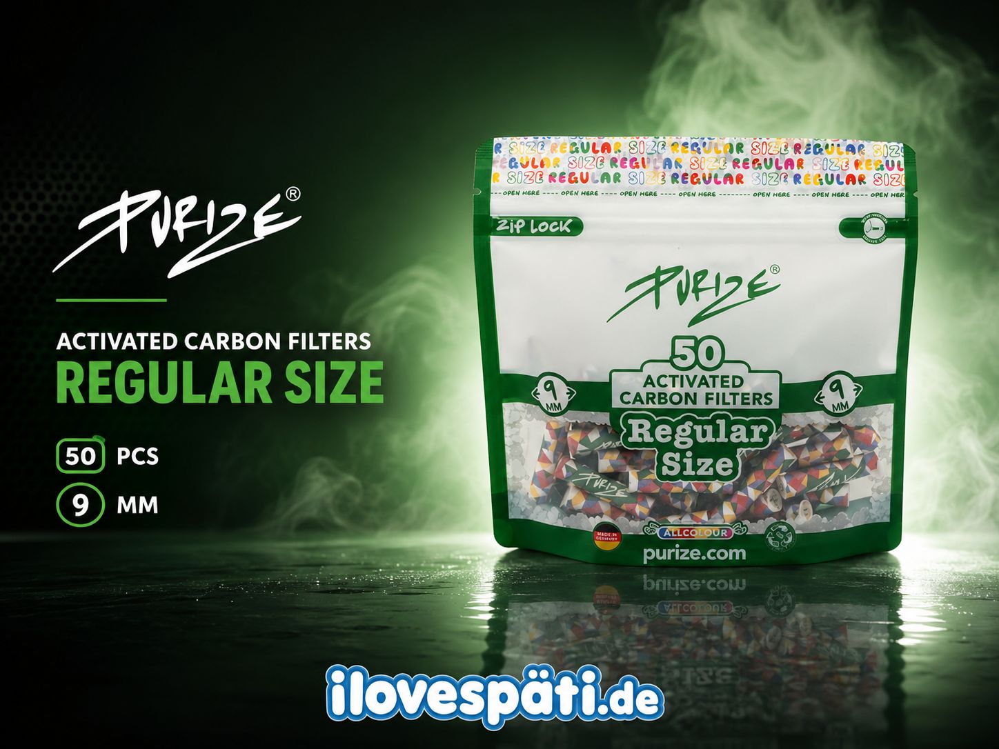 PURIZE Regular Size All Colours Aktivkohlefilter 9 mm – 50 Stück