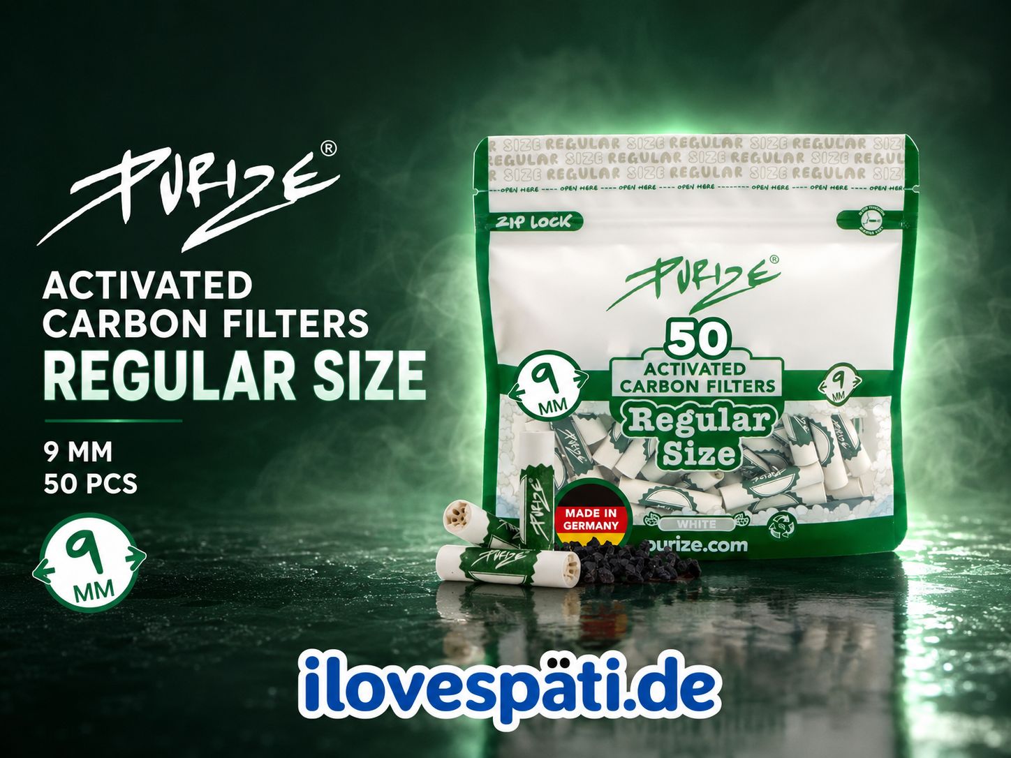 PURIZE Regular Size White Aktivkohlefilter 9 mm – 50 Stück