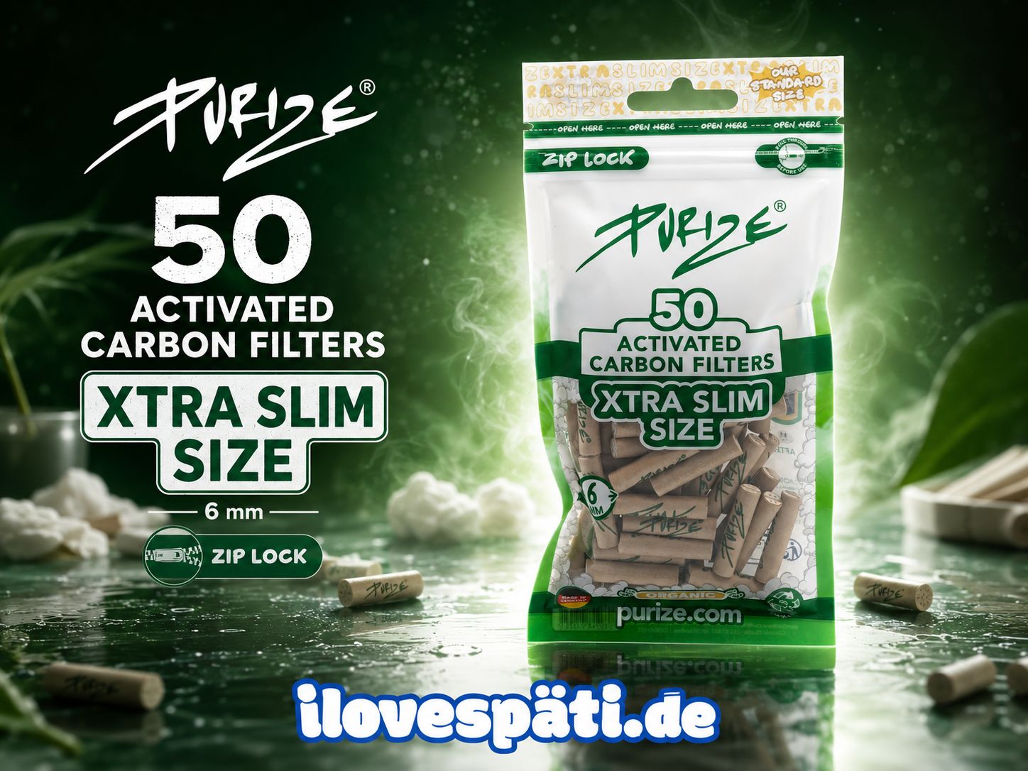 PURIZE XTRA Slim Size Organic Aktivkohlefilter 6 mm – 50 Stück