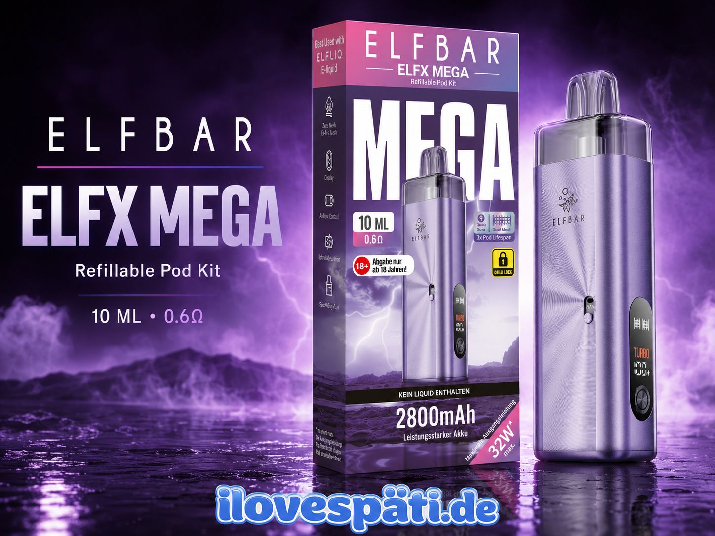 ELFBAR ELFX Mega Purple Refillable Pod Kit – 10 ml, 0,6 Ω, 2800 mAh, 32 W